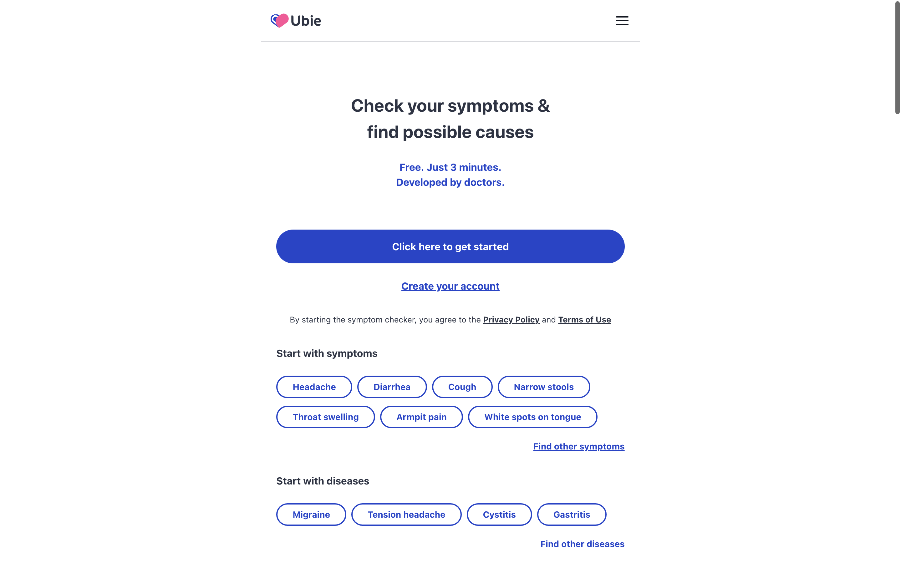 Screenshot of Ubie AI Symptom Checker