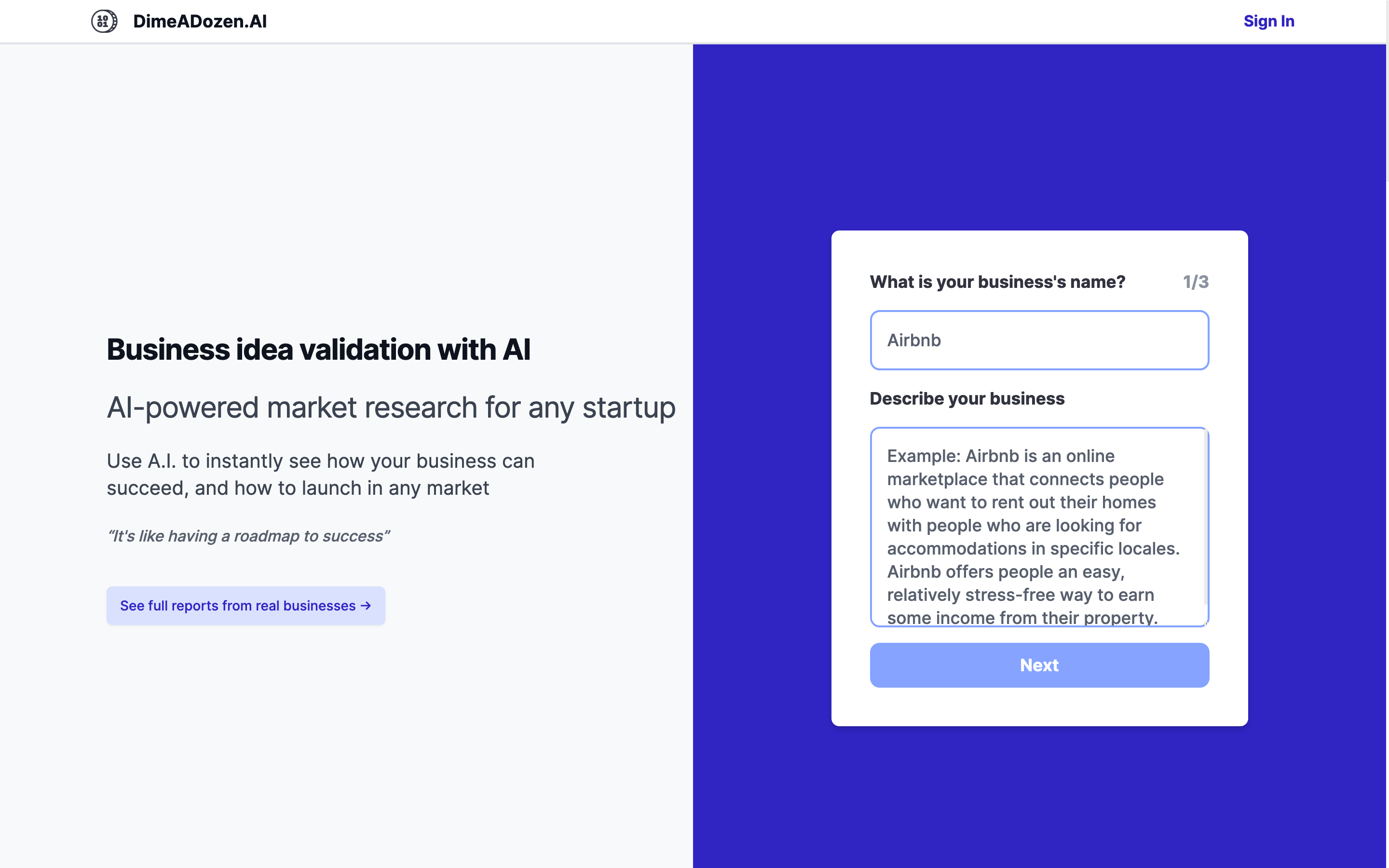 Screenshot of dime-a-dozen-ai
