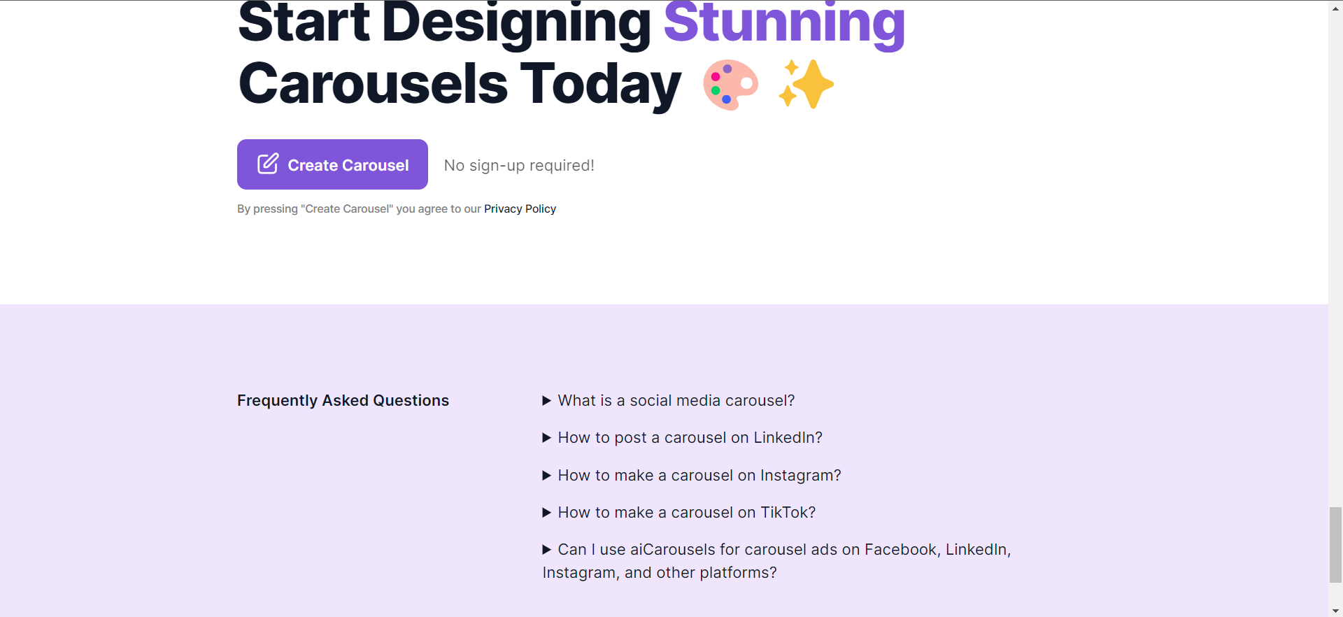 Screenshot of aiCarousels 2.0